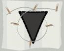 A black triangle on a white ground has a clothesline with pegs wound round it. 